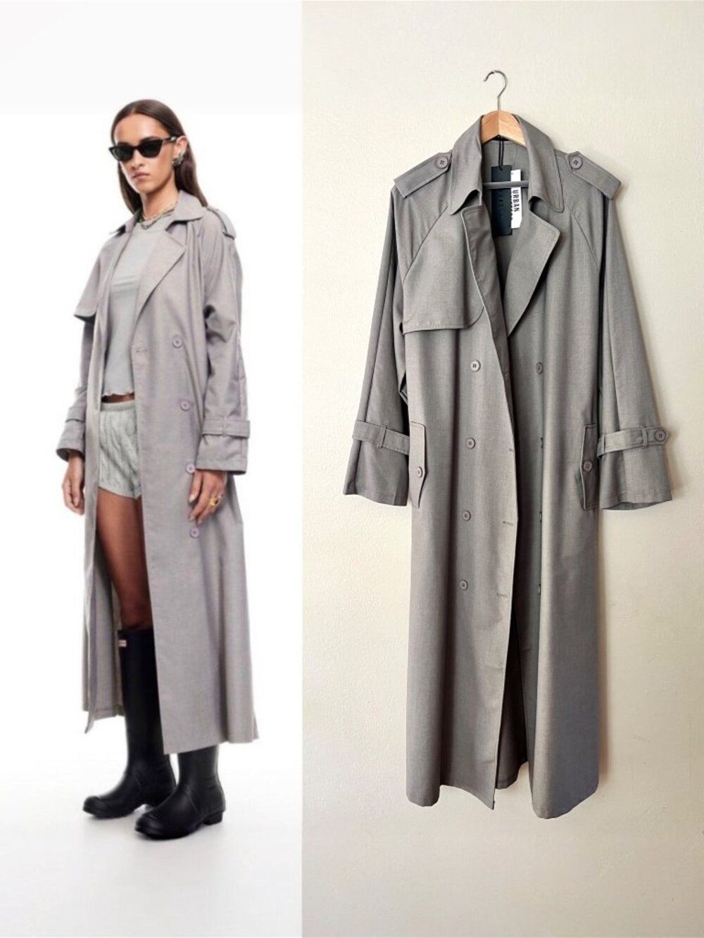 Lioness Long Double-Breasted Trench Coat in Light Gray